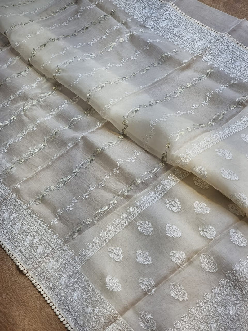 Catalogue - Organza Saree with Unique Bird Chikankari Embroidery Design