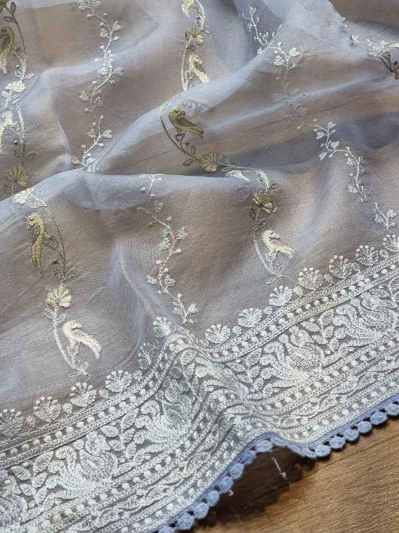 Pastel Blue Organza Saree with Unique Bird Chikankari Embroidery Design