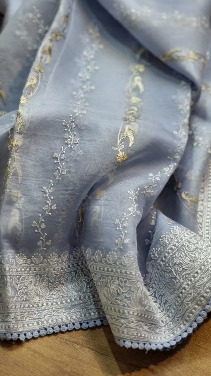 Pastel Blue Organza Saree with Unique Bird Chikankari Embroidery Design