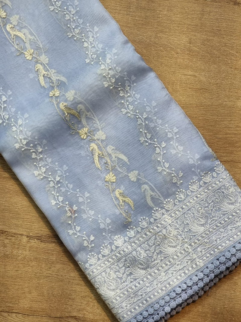 Pastel Blue Organza Saree with Unique Bird Chikankari Embroidery Design