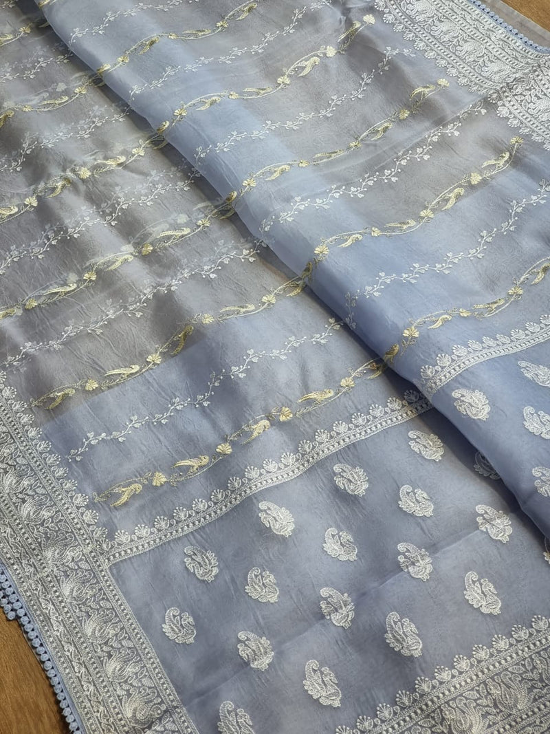 Pastel Blue Organza Saree with Unique Bird Chikankari Embroidery Design