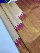 Half White Beige with Pink Korvai Raising Temple Border Kanchipuram Silk Saree