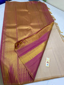 Half White Beige with Pink Korvai Raising Temple Border Kanchipuram Silk Saree