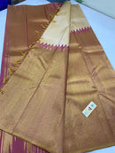 Half White Beige with Pink Korvai Raising Temple Border Kanchipuram Silk Saree