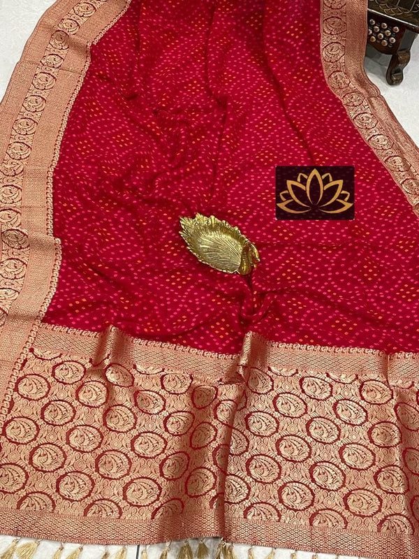 Red Designer Khaddi Georgette Saree with Bandinin Design