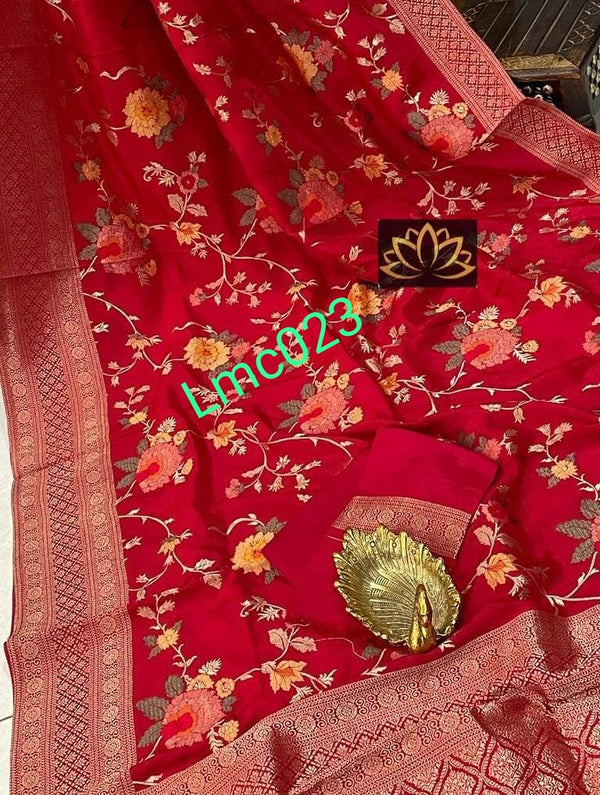 Red Moonga Crepe Silk Designer Saree