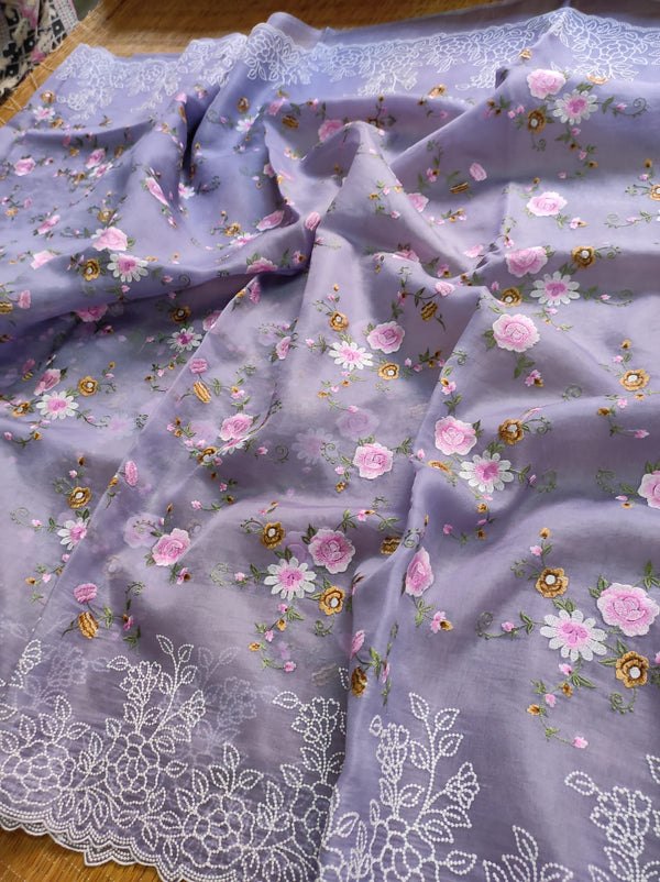 Lavender Organza Saree with Minadaar Embroidery Work &  Pearl Style Scallop Border