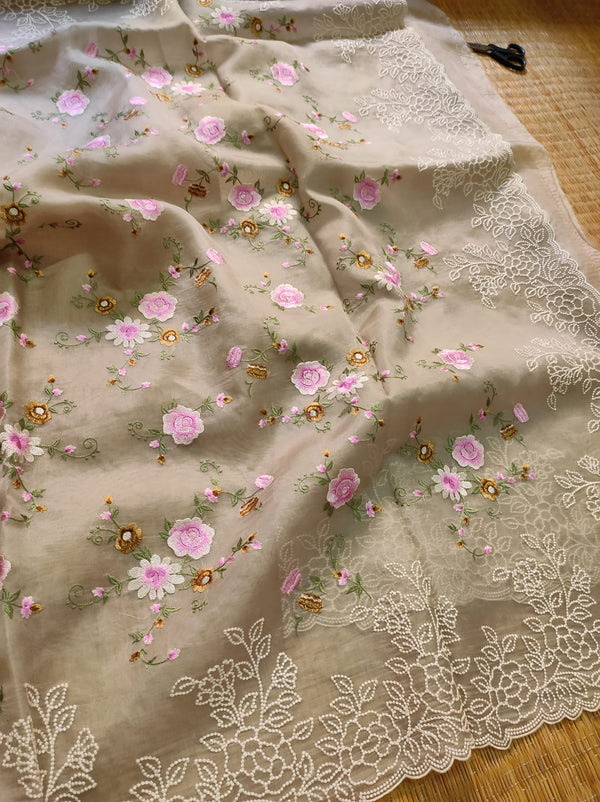 Pastel Brown Organza Saree with Minadaar Embroidery Work &  Pearl Style Scallop Border