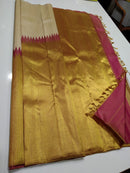 Half White Beige with Pink Korvai Raising Temple Border Kanchipuram Silk Saree