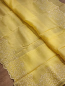 Yellow Organza Saree with Pearl Embroidery Cutwork Scallop Border