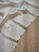 Half White Organza Saree with Pearl Embroidery Cutwork Scallop Border