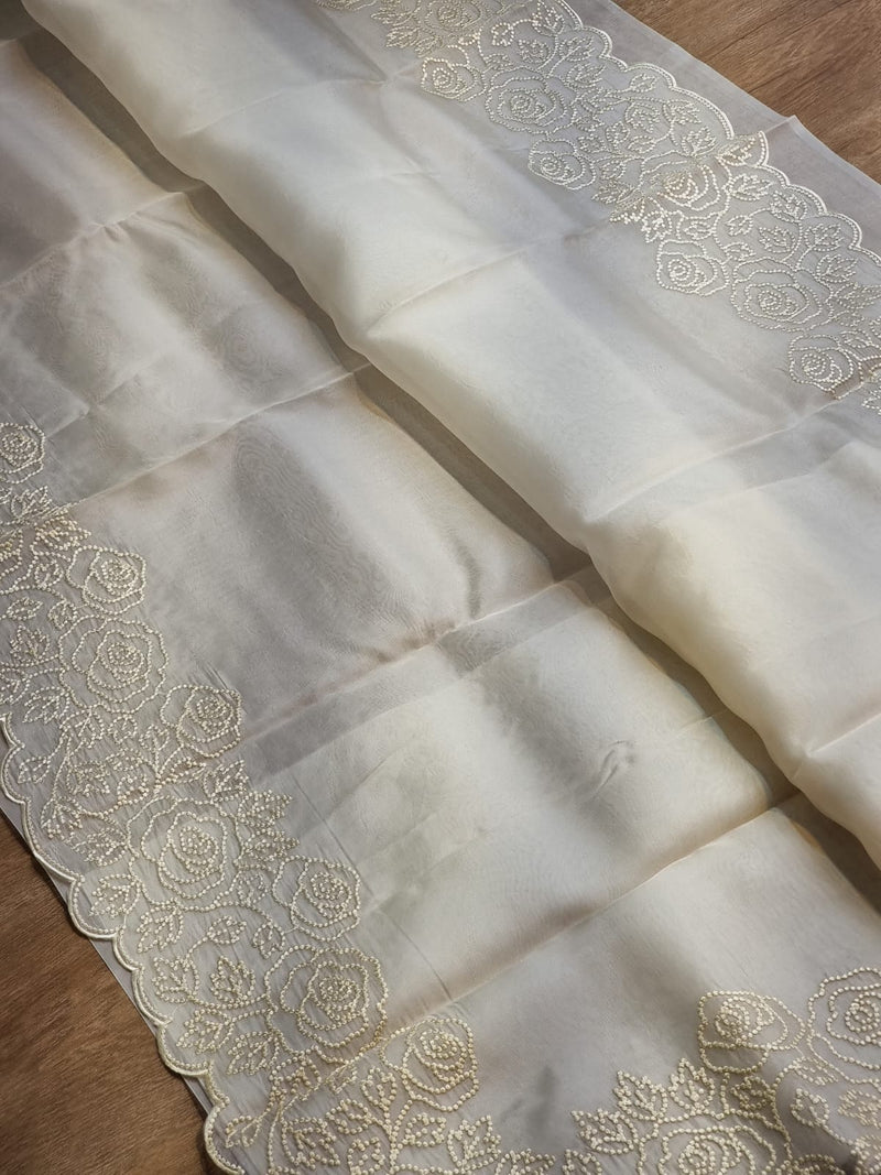 Half White Organza Saree with Pearl Embroidery Cutwork Scallop Border