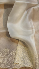 Half White Organza Saree with Pearl Embroidery Cutwork Scallop Border