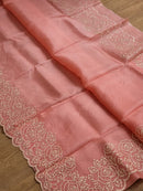 Peach Organza Saree with Pearl Embroidery Cutwork Scallop Border