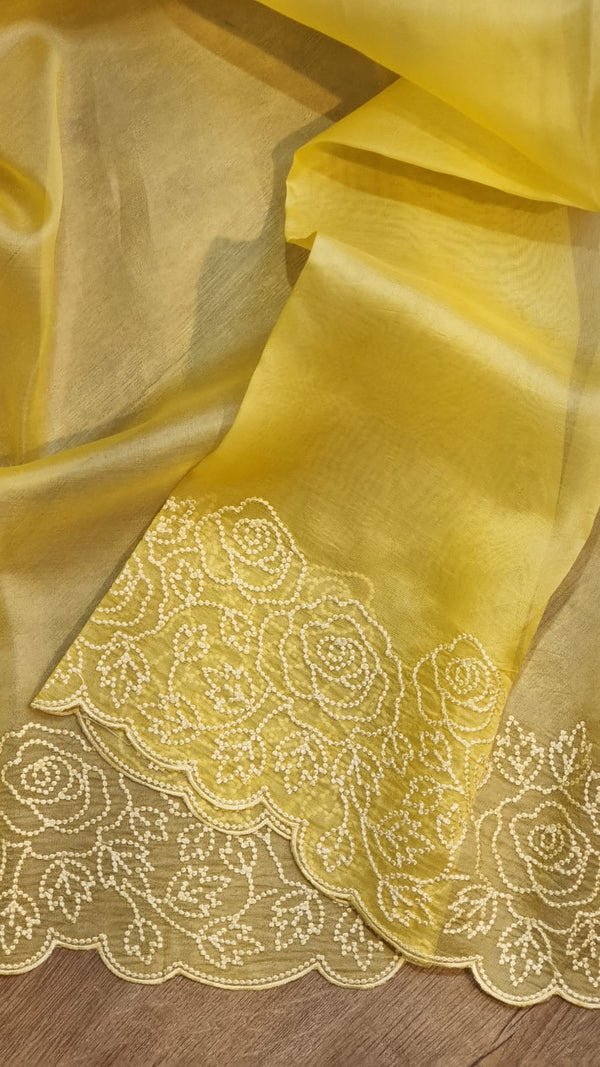 Yellow Organza Saree with Pearl Embroidery Cutwork Scallop Border