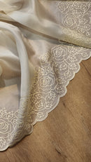 Half White Organza Saree with Pearl Embroidery Cutwork Scallop Border