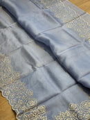 Blue Organza Saree with Pearl Embroidery Cutwork Scallop Border