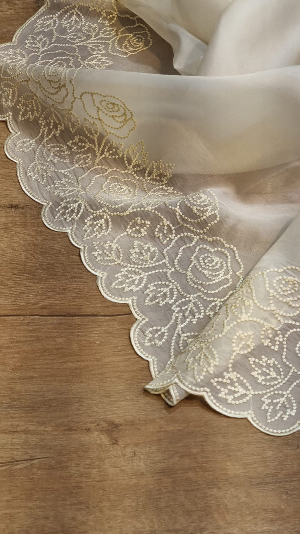 Half White Organza Saree with Pearl Embroidery Cutwork Scallop Border