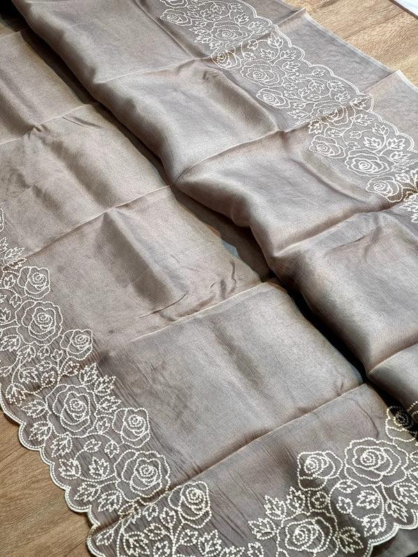 Pastel Organza Saree with Pearl Embroidery Cutwork Scallop Border