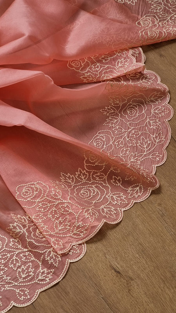 Peach Organza Saree with Pearl Embroidery Cutwork Scallop Border