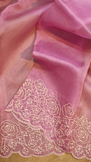 Blue Organza Saree with Pearl Embroidery Cutwork Scallop Border
