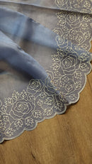 Blue Organza Saree with Pearl Embroidery Cutwork Scallop Border