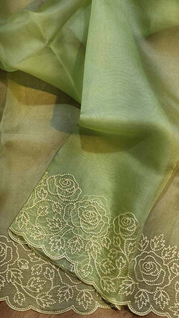 Apple Green Organza Saree with Pearl Embroidery Cutwork Scallop Border