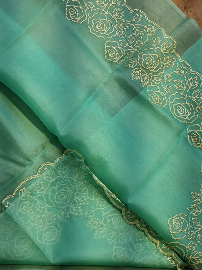 Blue Organza Saree with Pearl Embroidery Cutwork Scallop Border