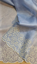 Blue Organza Saree with Pearl Embroidery Cutwork Scallop Border