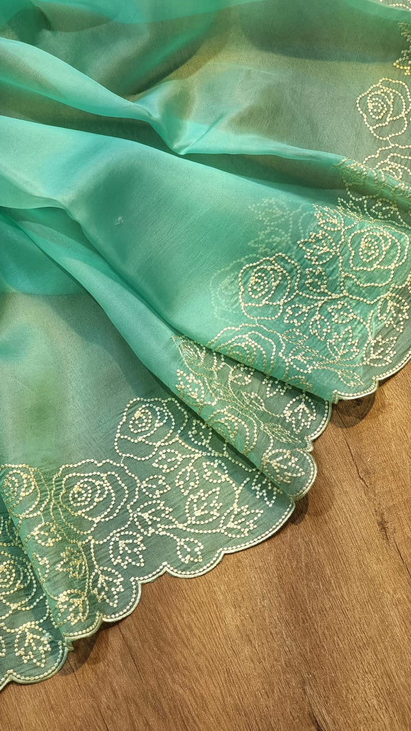 Blue Organza Saree with Pearl Embroidery Cutwork Scallop Border