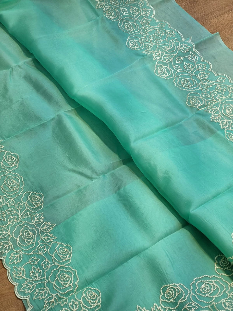 Blue Organza Saree with Pearl Embroidery Cutwork Scallop Border