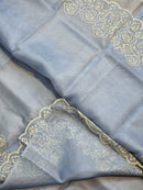 Blue Organza Saree with Pearl Embroidery Cutwork Scallop Border