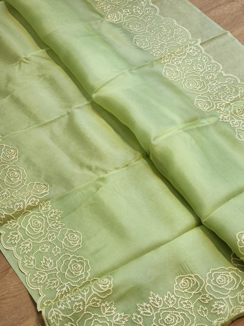 Apple Green Organza Saree with Pearl Embroidery Cutwork Scallop Border