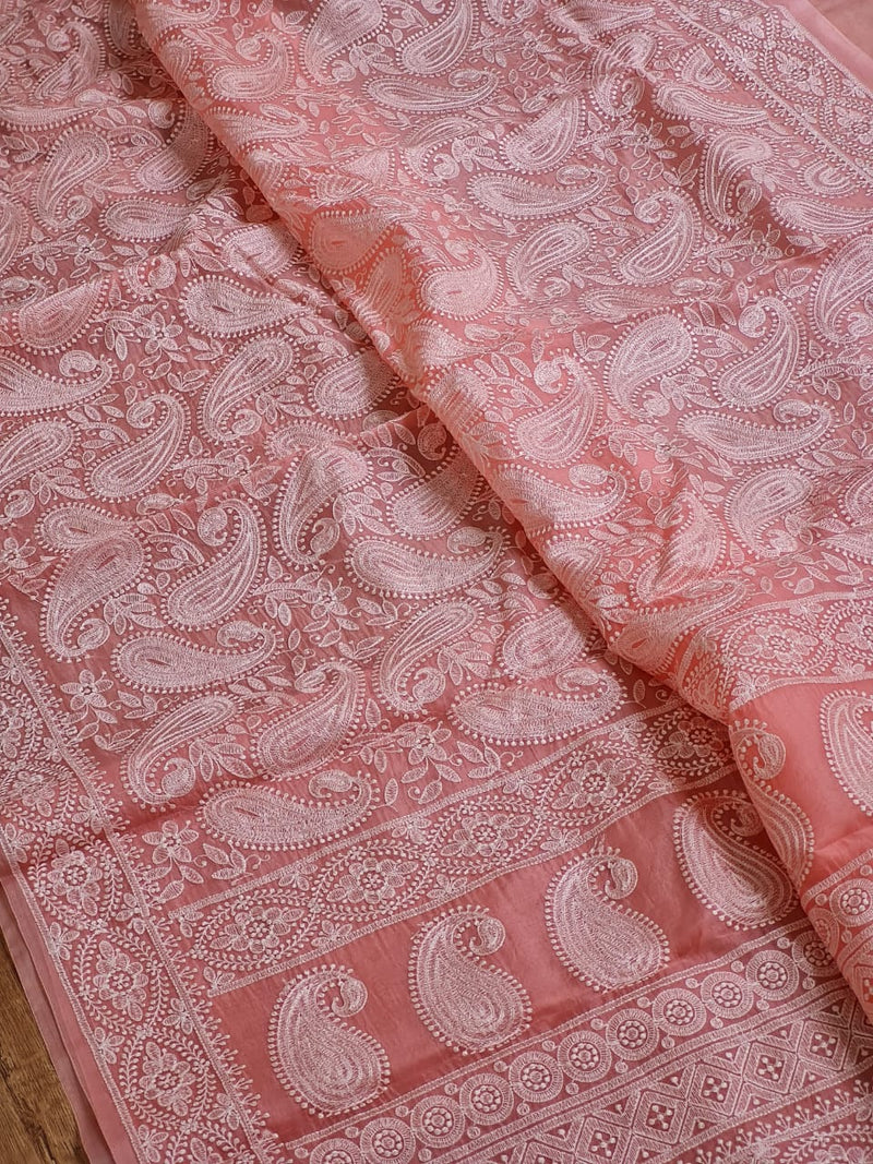 Pink Organza Kairy Chikankari Work Saree