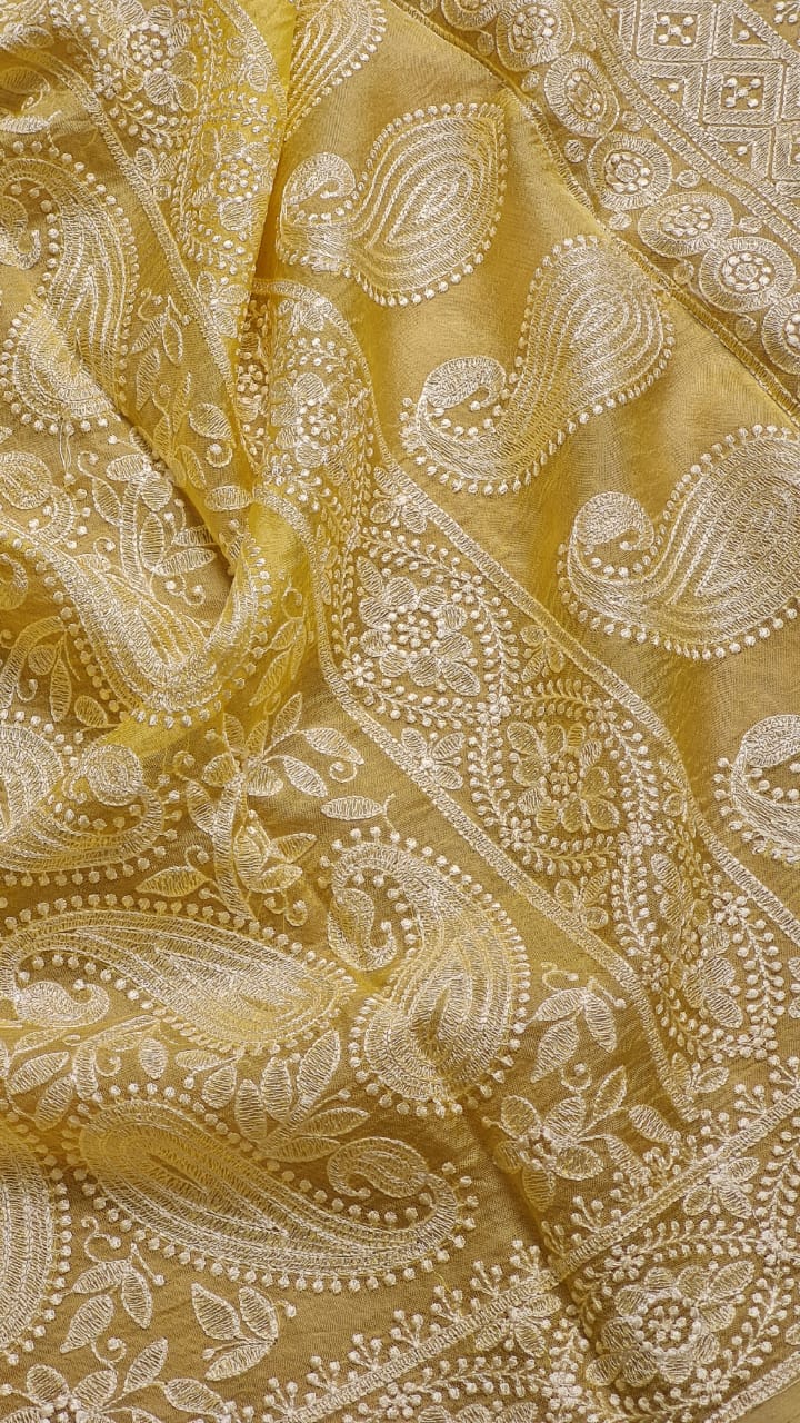 Yellow Organza Kairy Chikankari Work Saree