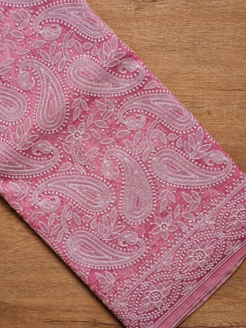 Pink Organza Kairy Chikankari Work Saree