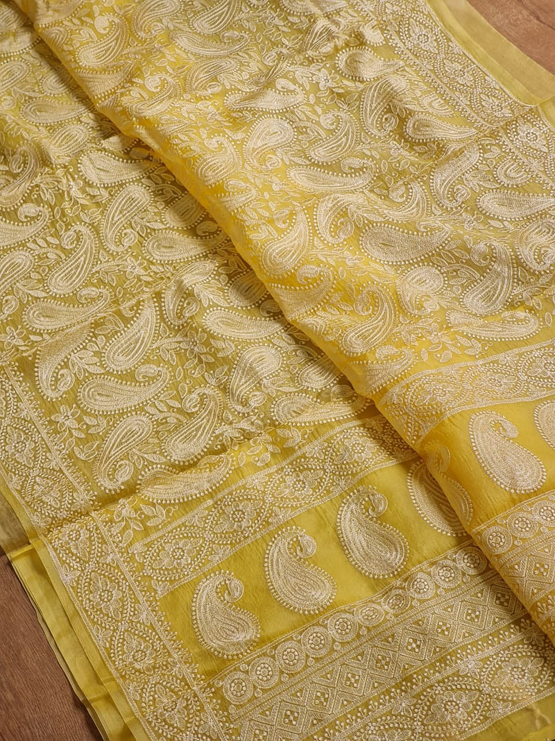 Yellow Organza Kairy Chikankari Work Saree