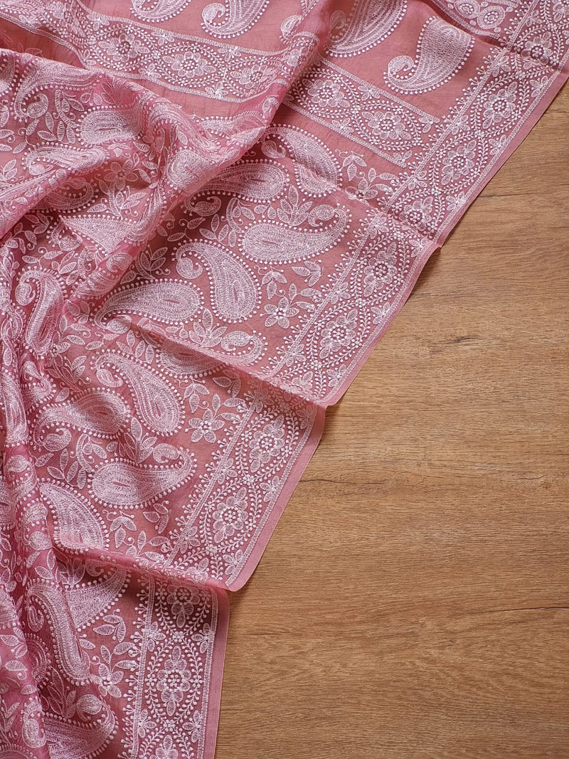 Pink Organza Kairy Chikankari Work Saree