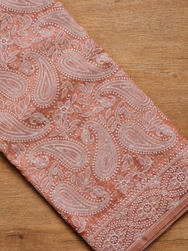 Peach Organza Kairy Chikankari Work Saree