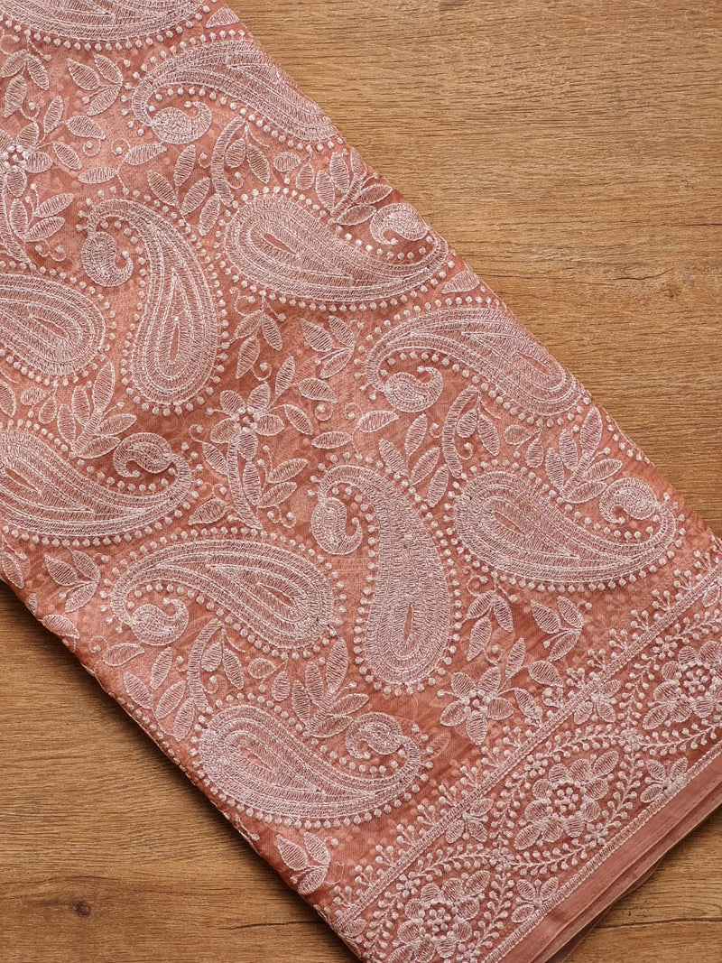 Peach Organza Kairy Chikankari Work Saree