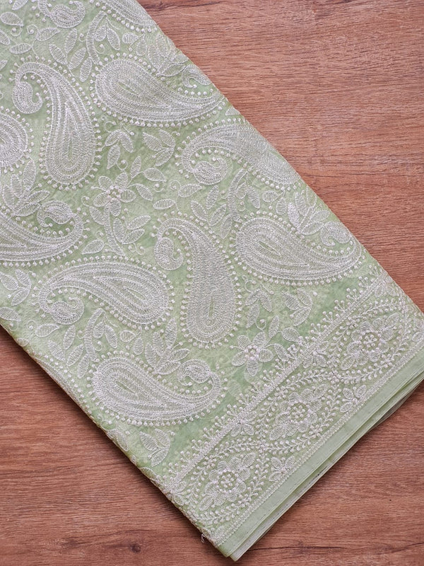 Pastel Green Organza Kairy Chikankari Work Saree