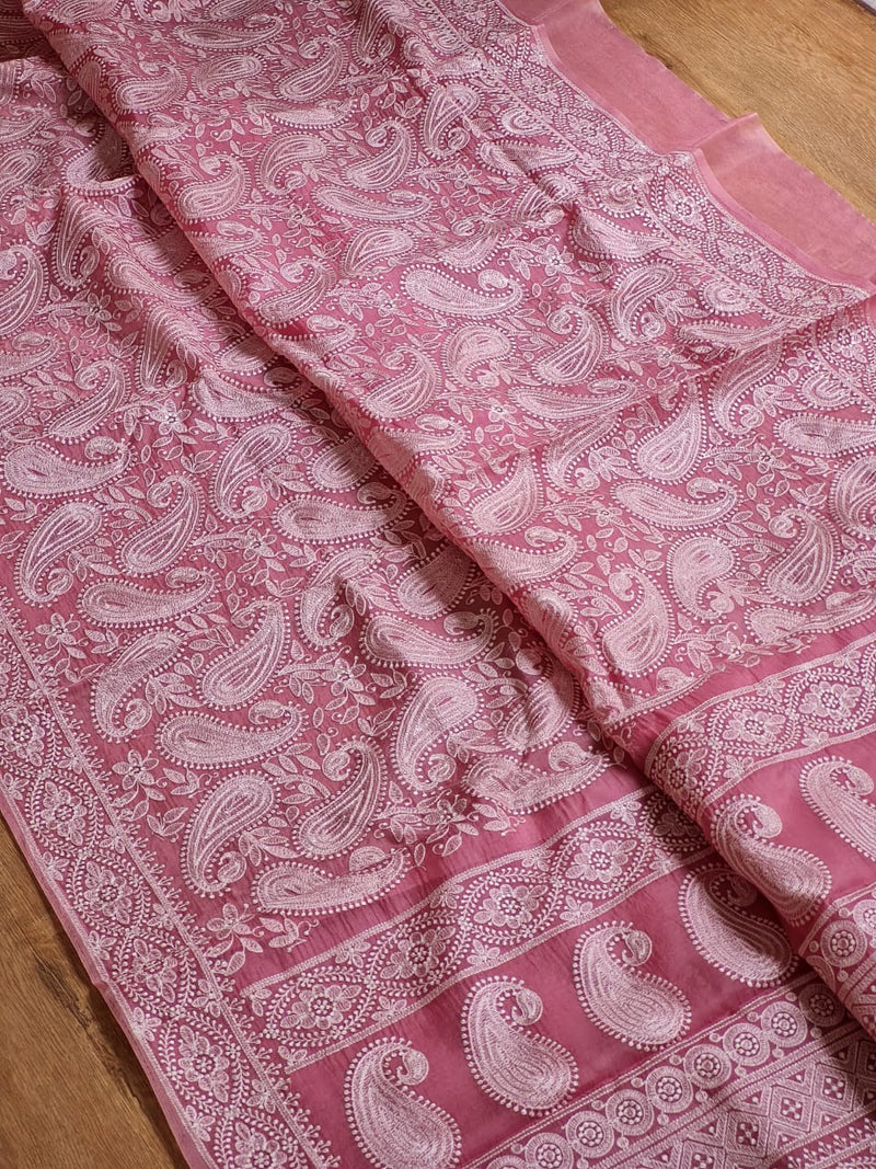 Pink Organza Kairy Chikankari Work Saree