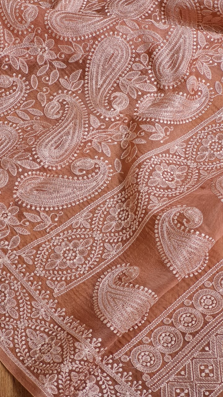 Peach Organza Kairy Chikankari Work Saree