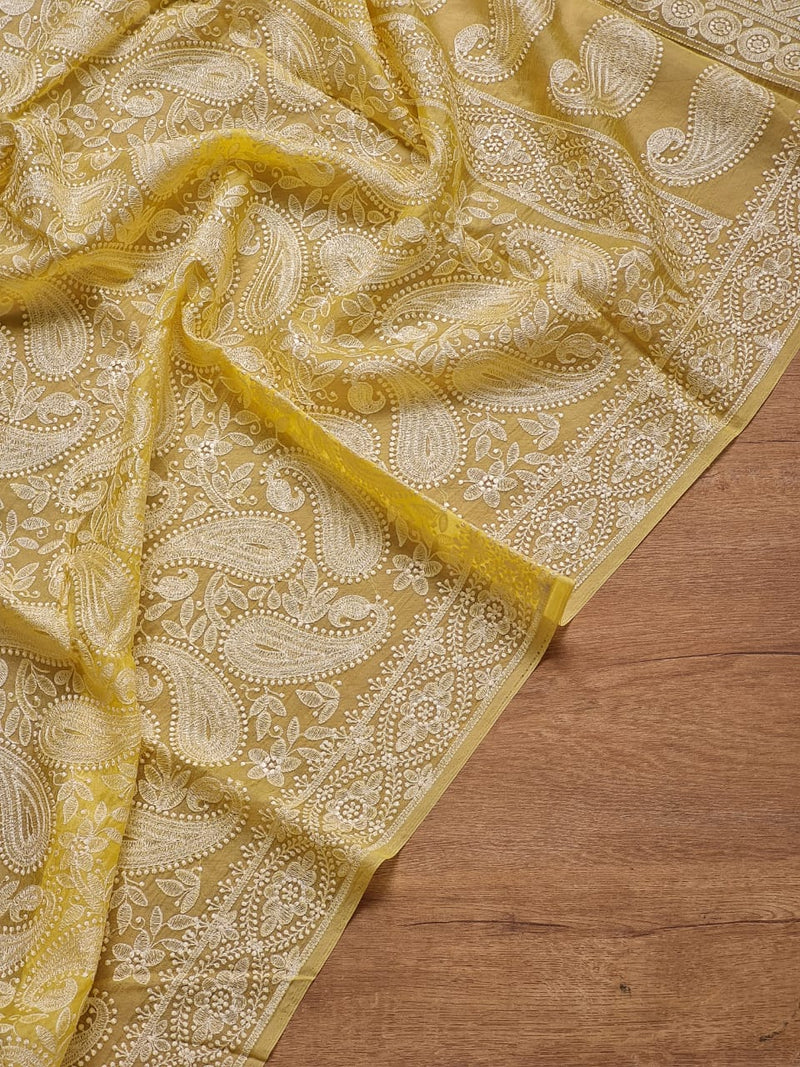 Yellow Organza Kairy Chikankari Work Saree