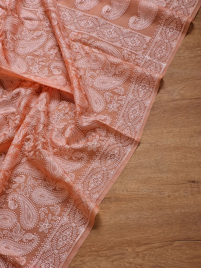 Peach Organza Kairy Chikankari Work Saree