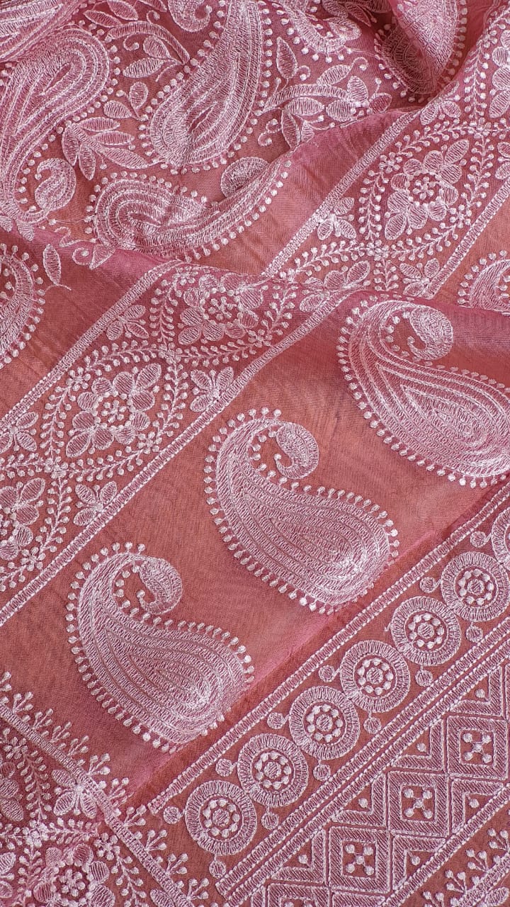 Pink Organza Kairy Chikankari Work Saree