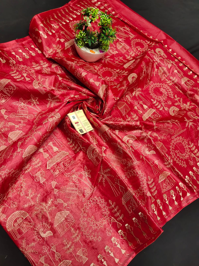 Pure Tussar Silk Tribal Embroidery Sarees