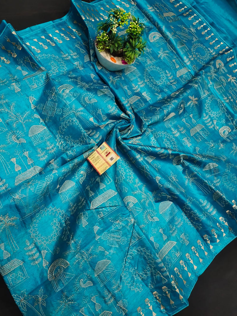 Pure Tussar Silk Tribal Embroidery Sarees