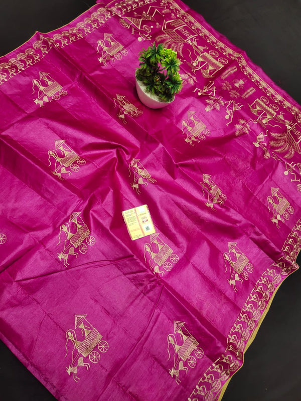 Pure Tussar Silk Tribal Embroidery Sarees