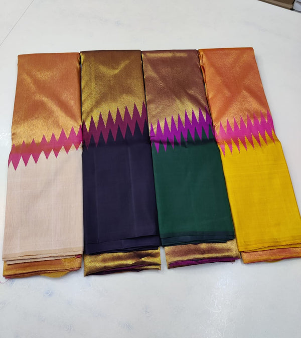 Pure Handloom Kanchipuram Korvai Raising Temple Border Silk Saree